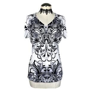 Y2K Apt 9. Rhinestone Filigree Butterfly Fairy Grunge Henley Gothic Tee Sz L